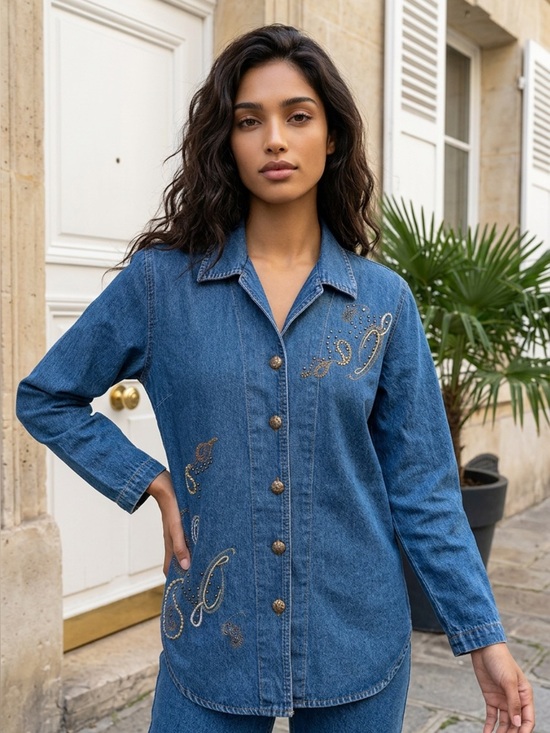 Lexi Tops - Lexi Embellished Denim Button-Down Shirt Jacket - Blue